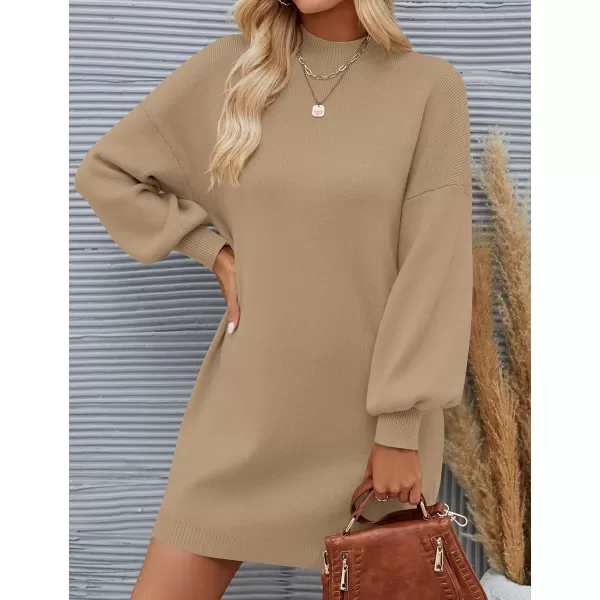 ZESICA Womens 2024 Fall Turtleneck Sweaters Dress Oversized Long Lantern Sleeve Casual Knit Pullover Short DressesLightcamel