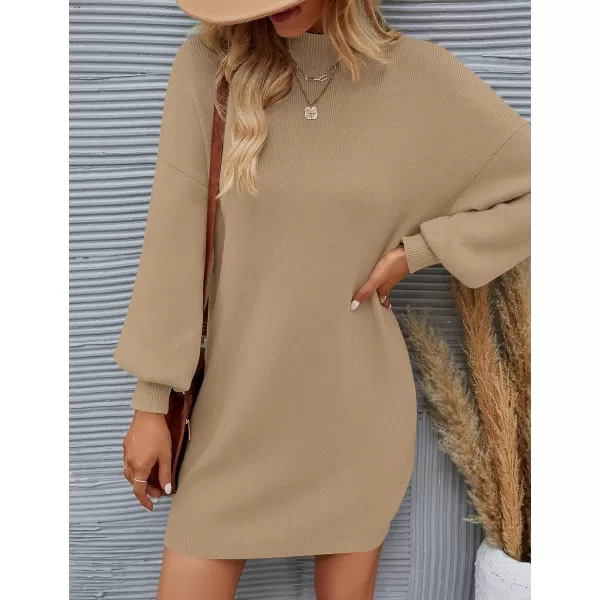ZESICA Womens 2024 Fall Turtleneck Sweaters Dress Oversized Long Lantern Sleeve Casual Knit Pullover Short DressesLightcamel