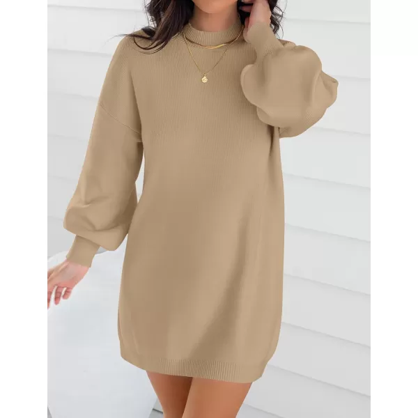 ZESICA Womens 2024 Fall Turtleneck Sweaters Dress Oversized Long Lantern Sleeve Casual Knit Pullover Short DressesLightcamel
