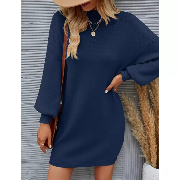 ZESICA Womens 2024 Fall Turtleneck Sweaters Dress Oversized Long Lantern Sleeve Casual Knit Pullover Short DressesNavy
