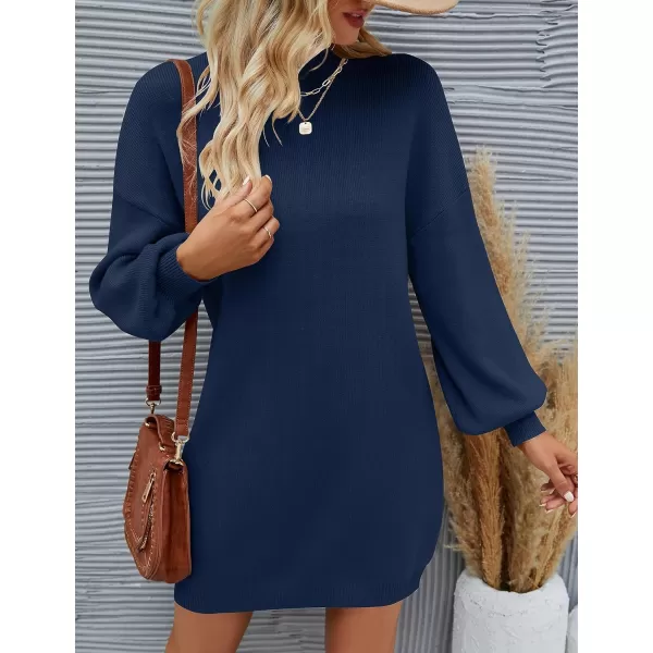 ZESICA Womens 2024 Fall Turtleneck Sweaters Dress Oversized Long Lantern Sleeve Casual Knit Pullover Short DressesNavy