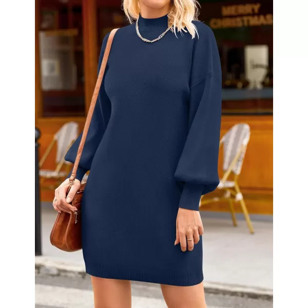 ZESICA Womens 2024 Fall Turtleneck Sweaters Dress Oversized Long Lantern Sleeve Casual Knit Pullover Short DressesNavy