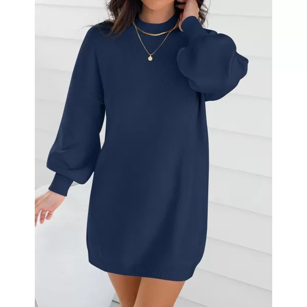 ZESICA Womens 2024 Fall Turtleneck Sweaters Dress Oversized Long Lantern Sleeve Casual Knit Pullover Short DressesNavy