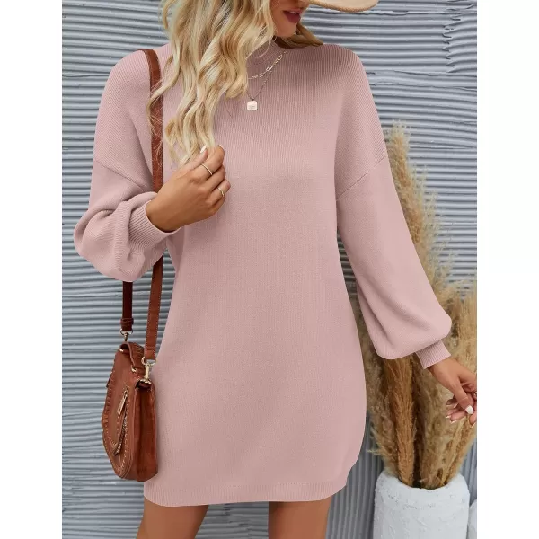 ZESICA Womens 2024 Fall Turtleneck Sweaters Dress Oversized Long Lantern Sleeve Casual Knit Pullover Short DressesPink