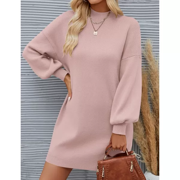 ZESICA Womens 2024 Fall Turtleneck Sweaters Dress Oversized Long Lantern Sleeve Casual Knit Pullover Short DressesPink