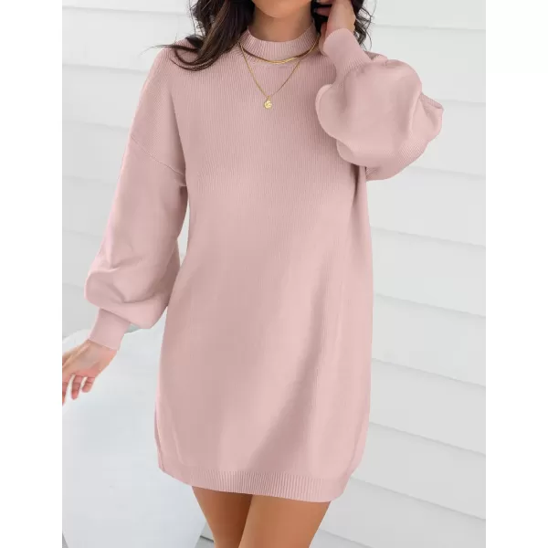 ZESICA Womens 2024 Fall Turtleneck Sweaters Dress Oversized Long Lantern Sleeve Casual Knit Pullover Short DressesPink
