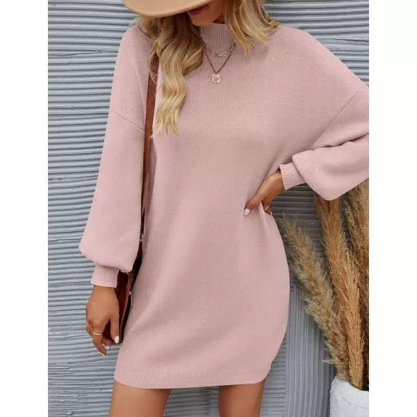 ZESICA Womens 2024 Fall Turtleneck Sweaters Dress Oversized Long Lantern Sleeve Casual Knit Pullover Short DressesPink