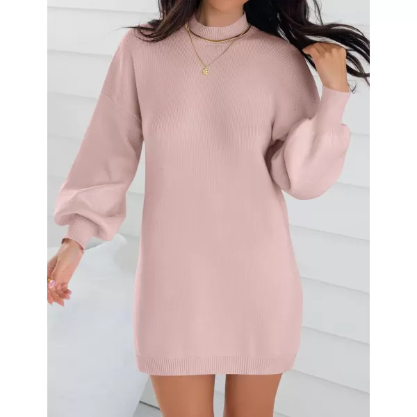 ZESICA Womens 2024 Fall Turtleneck Sweaters Dress Oversized Long Lantern Sleeve Casual Knit Pullover Short DressesPink