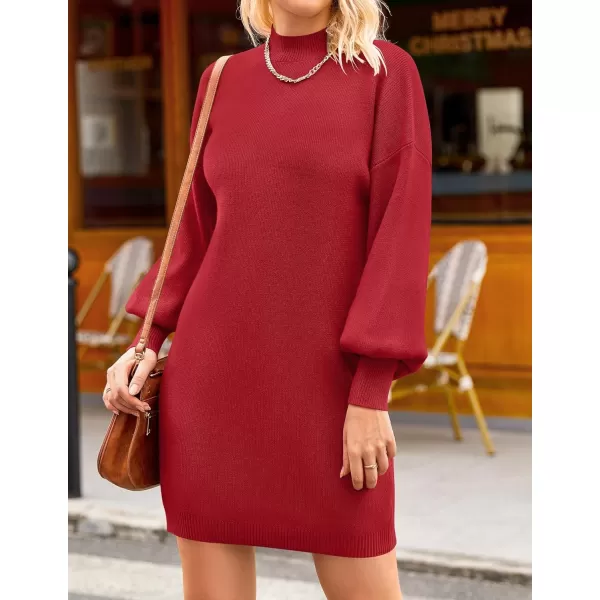 ZESICA Womens 2024 Fall Turtleneck Sweaters Dress Oversized Long Lantern Sleeve Casual Knit Pullover Short DressesRed