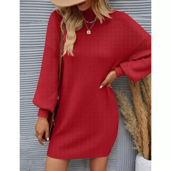 ZESICA Womens 2024 Fall Turtleneck Sweaters Dress Oversized Long Lantern Sleeve Casual Knit Pullover Short DressesRed