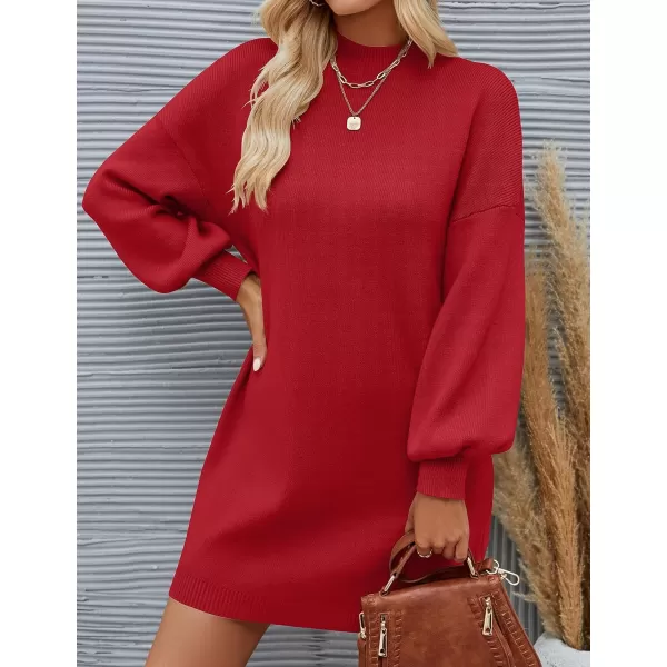 ZESICA Womens 2024 Fall Turtleneck Sweaters Dress Oversized Long Lantern Sleeve Casual Knit Pullover Short DressesRed