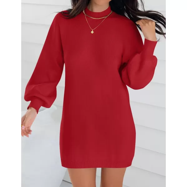 ZESICA Womens 2024 Fall Turtleneck Sweaters Dress Oversized Long Lantern Sleeve Casual Knit Pullover Short DressesRed