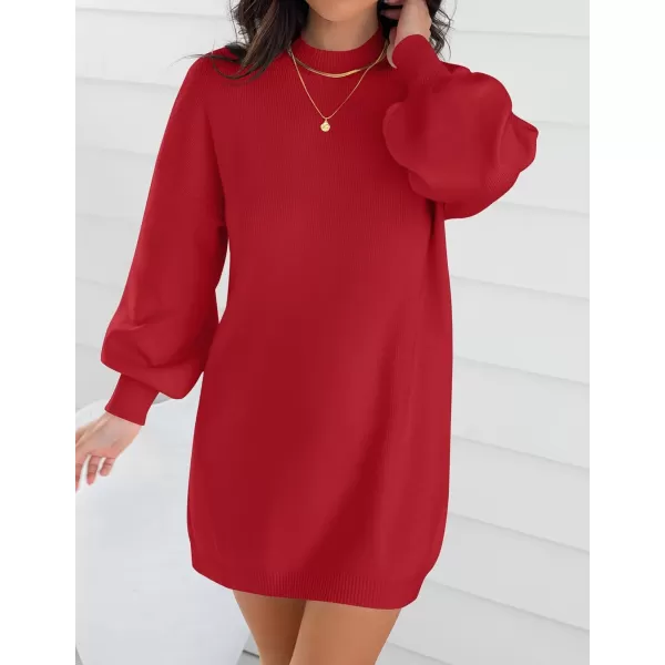 ZESICA Womens 2024 Fall Turtleneck Sweaters Dress Oversized Long Lantern Sleeve Casual Knit Pullover Short DressesRed