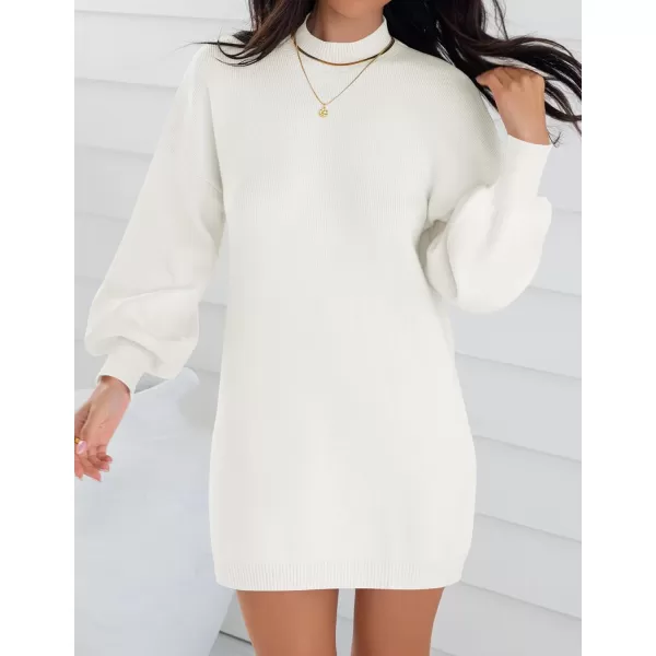 ZESICA Womens 2024 Fall Turtleneck Sweaters Dress Oversized Long Lantern Sleeve Casual Knit Pullover Short DressesWhite