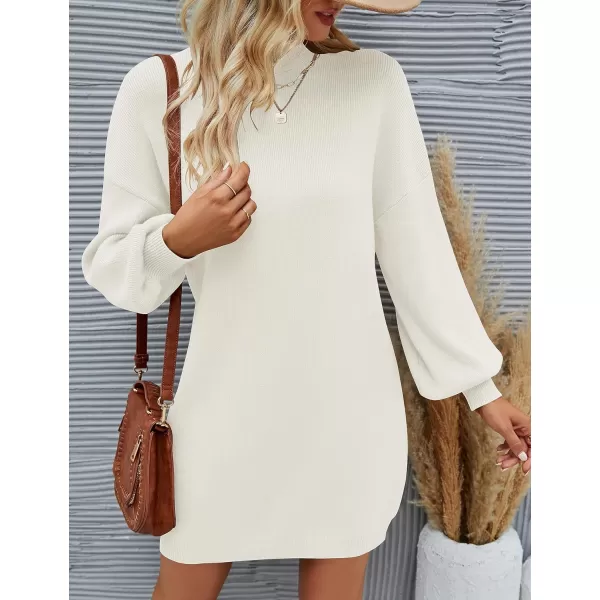 ZESICA Womens 2024 Fall Turtleneck Sweaters Dress Oversized Long Lantern Sleeve Casual Knit Pullover Short DressesWhite
