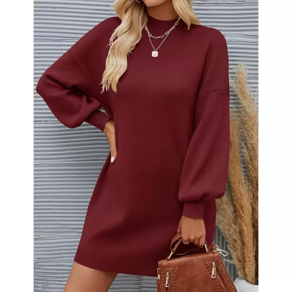 ZESICA Womens 2024 Fall Turtleneck Sweaters Dress Oversized Long Lantern Sleeve Casual Knit Pullover Short DressesWine