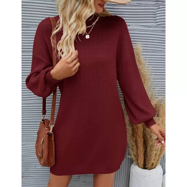 ZESICA Womens 2024 Fall Turtleneck Sweaters Dress Oversized Long Lantern Sleeve Casual Knit Pullover Short DressesWine