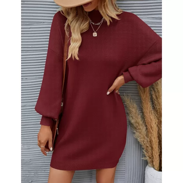 ZESICA Womens 2024 Fall Turtleneck Sweaters Dress Oversized Long Lantern Sleeve Casual Knit Pullover Short DressesWine