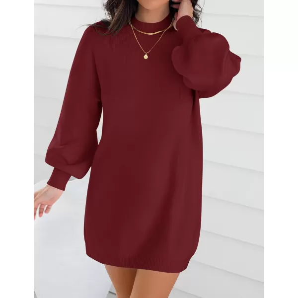 ZESICA Womens 2024 Fall Turtleneck Sweaters Dress Oversized Long Lantern Sleeve Casual Knit Pullover Short DressesWine