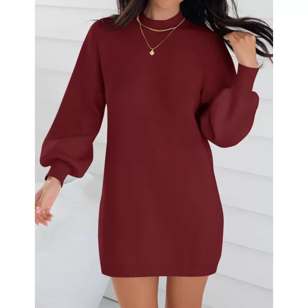 ZESICA Womens 2024 Fall Turtleneck Sweaters Dress Oversized Long Lantern Sleeve Casual Knit Pullover Short DressesWine