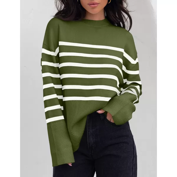ZESICA Womens 2024 Fall Winter Striped Long Sleeve Crew Neck Ribbed Knit Side Slit Oversized Pullover Sweater Jumper TopArmygreen