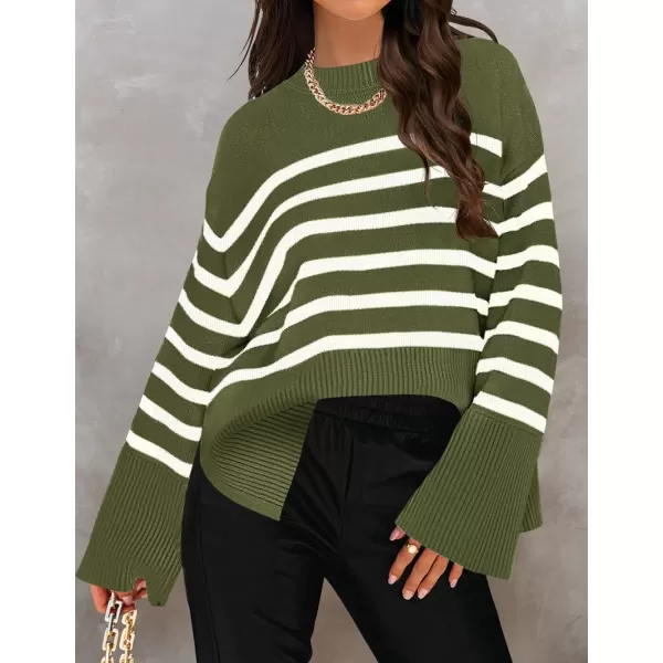 ZESICA Womens 2024 Fall Winter Striped Long Sleeve Crew Neck Ribbed Knit Side Slit Oversized Pullover Sweater Jumper TopArmygreen