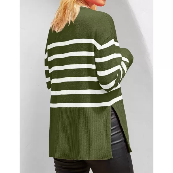 ZESICA Womens 2024 Fall Winter Striped Long Sleeve Crew Neck Ribbed Knit Side Slit Oversized Pullover Sweater Jumper TopArmygreen
