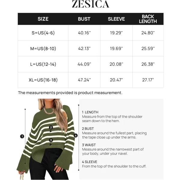 ZESICA Womens 2024 Fall Winter Striped Long Sleeve Crew Neck Ribbed Knit Side Slit Oversized Pullover Sweater Jumper TopArmygreen