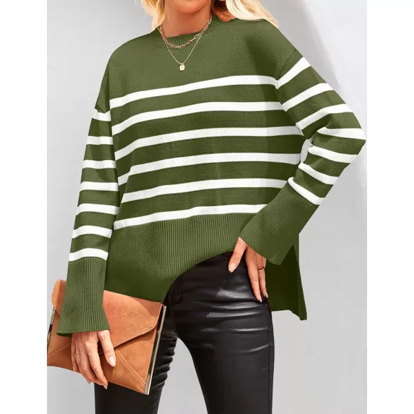 ZESICA Womens 2024 Fall Winter Striped Long Sleeve Crew Neck Ribbed Knit Side Slit Oversized Pullover Sweater Jumper TopArmygreen