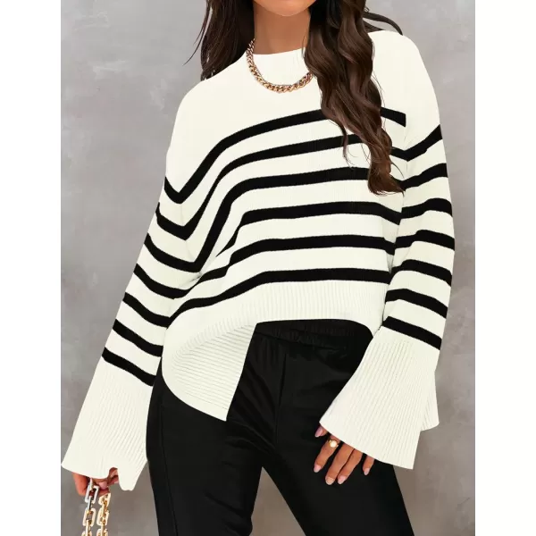 ZESICA Womens 2024 Fall Winter Striped Long Sleeve Crew Neck Ribbed Knit Side Slit Oversized Pullover Sweater Jumper TopBeige