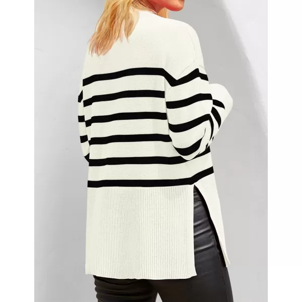 ZESICA Womens 2024 Fall Winter Striped Long Sleeve Crew Neck Ribbed Knit Side Slit Oversized Pullover Sweater Jumper TopBeige