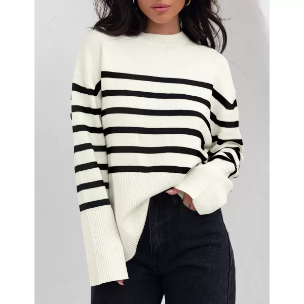 ZESICA Womens 2024 Fall Winter Striped Long Sleeve Crew Neck Ribbed Knit Side Slit Oversized Pullover Sweater Jumper TopBeige