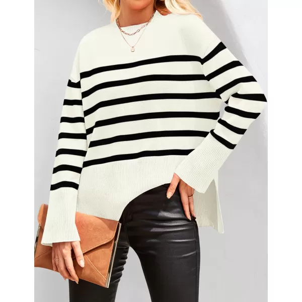 ZESICA Womens 2024 Fall Winter Striped Long Sleeve Crew Neck Ribbed Knit Side Slit Oversized Pullover Sweater Jumper TopBeige