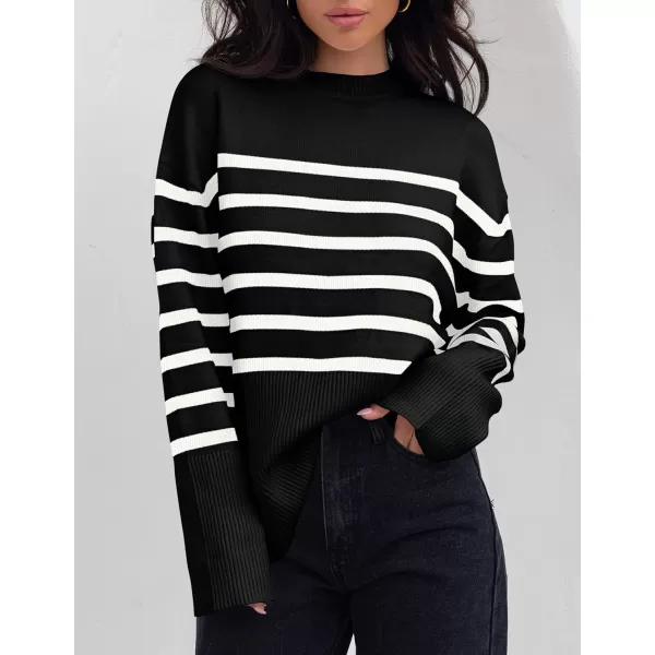 ZESICA Womens 2024 Fall Winter Striped Long Sleeve Crew Neck Ribbed Knit Side Slit Oversized Pullover Sweater Jumper TopBlack