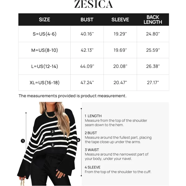 ZESICA Womens 2024 Fall Winter Striped Long Sleeve Crew Neck Ribbed Knit Side Slit Oversized Pullover Sweater Jumper TopBlack