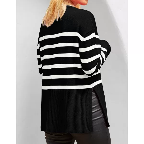 ZESICA Womens 2024 Fall Winter Striped Long Sleeve Crew Neck Ribbed Knit Side Slit Oversized Pullover Sweater Jumper TopBlack