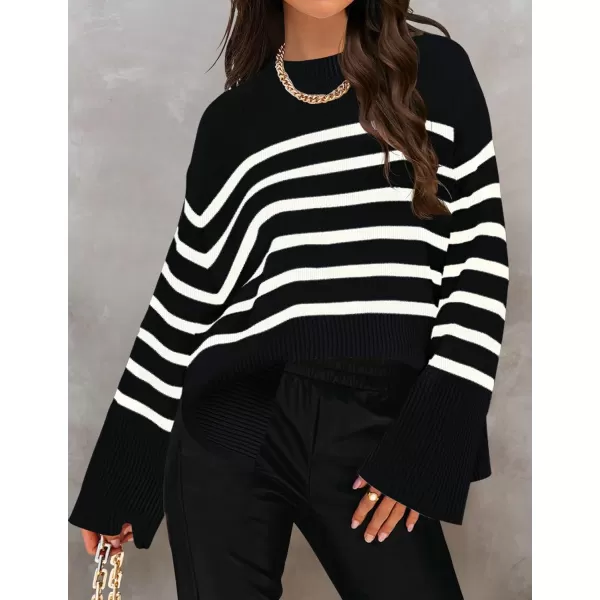 ZESICA Womens 2024 Fall Winter Striped Long Sleeve Crew Neck Ribbed Knit Side Slit Oversized Pullover Sweater Jumper TopBlack