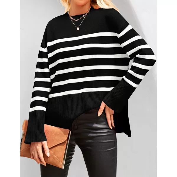 ZESICA Womens 2024 Fall Winter Striped Long Sleeve Crew Neck Ribbed Knit Side Slit Oversized Pullover Sweater Jumper TopBlack