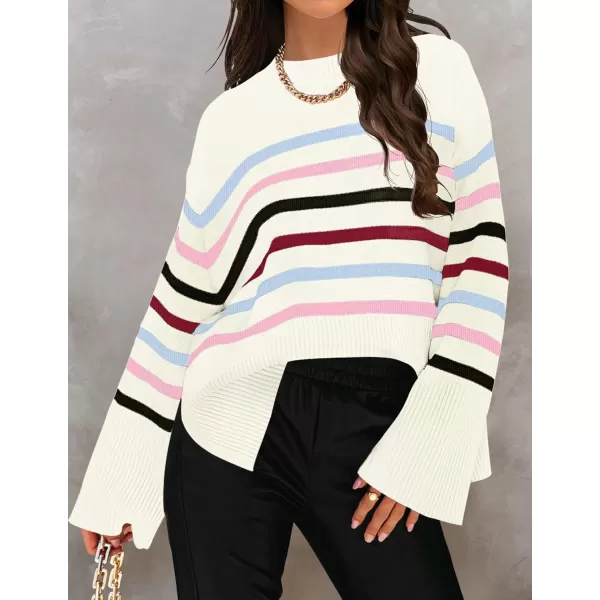 ZESICA Womens 2024 Fall Winter Striped Long Sleeve Crew Neck Ribbed Knit Side Slit Oversized Pullover Sweater Jumper TopBluepink