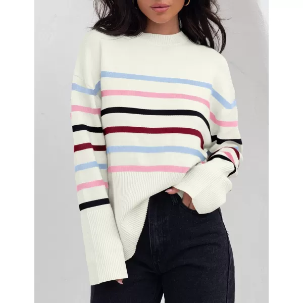 ZESICA Womens 2024 Fall Winter Striped Long Sleeve Crew Neck Ribbed Knit Side Slit Oversized Pullover Sweater Jumper TopBluepink