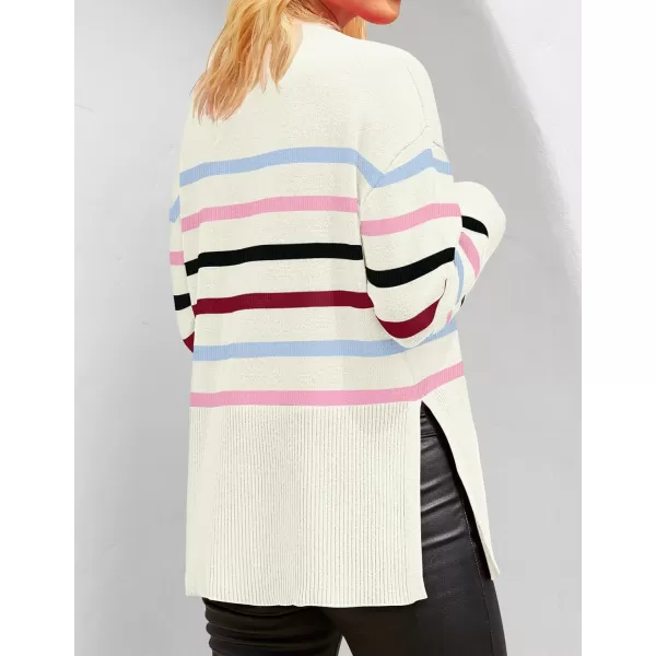 ZESICA Womens 2024 Fall Winter Striped Long Sleeve Crew Neck Ribbed Knit Side Slit Oversized Pullover Sweater Jumper TopBluepink