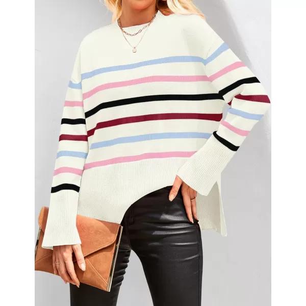 ZESICA Womens 2024 Fall Winter Striped Long Sleeve Crew Neck Ribbed Knit Side Slit Oversized Pullover Sweater Jumper TopBluepink