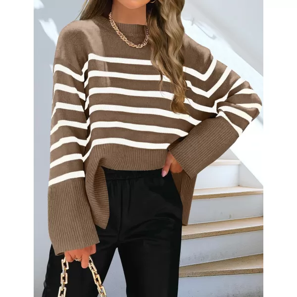 ZESICA Womens 2024 Fall Winter Striped Long Sleeve Crew Neck Ribbed Knit Side Slit Oversized Pullover Sweater Jumper TopBrown