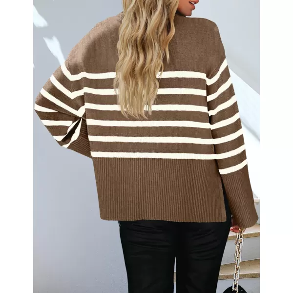 ZESICA Womens 2024 Fall Winter Striped Long Sleeve Crew Neck Ribbed Knit Side Slit Oversized Pullover Sweater Jumper TopBrown