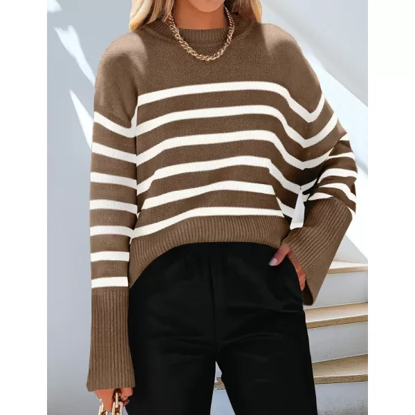 ZESICA Womens 2024 Fall Winter Striped Long Sleeve Crew Neck Ribbed Knit Side Slit Oversized Pullover Sweater Jumper TopBrown