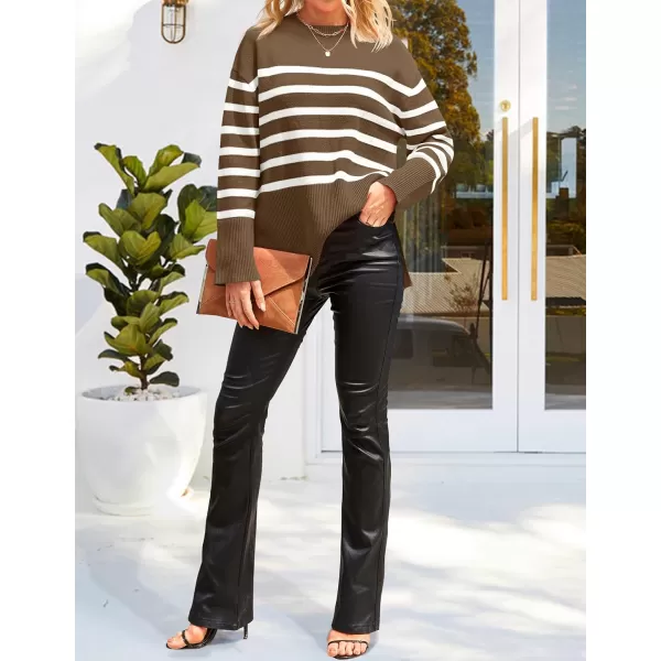 ZESICA Womens 2024 Fall Winter Striped Long Sleeve Crew Neck Ribbed Knit Side Slit Oversized Pullover Sweater Jumper TopBrown