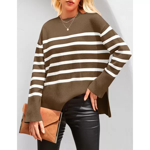ZESICA Womens 2024 Fall Winter Striped Long Sleeve Crew Neck Ribbed Knit Side Slit Oversized Pullover Sweater Jumper TopBrown