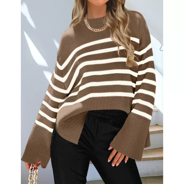 ZESICA Womens 2024 Fall Winter Striped Long Sleeve Crew Neck Ribbed Knit Side Slit Oversized Pullover Sweater Jumper TopBrown