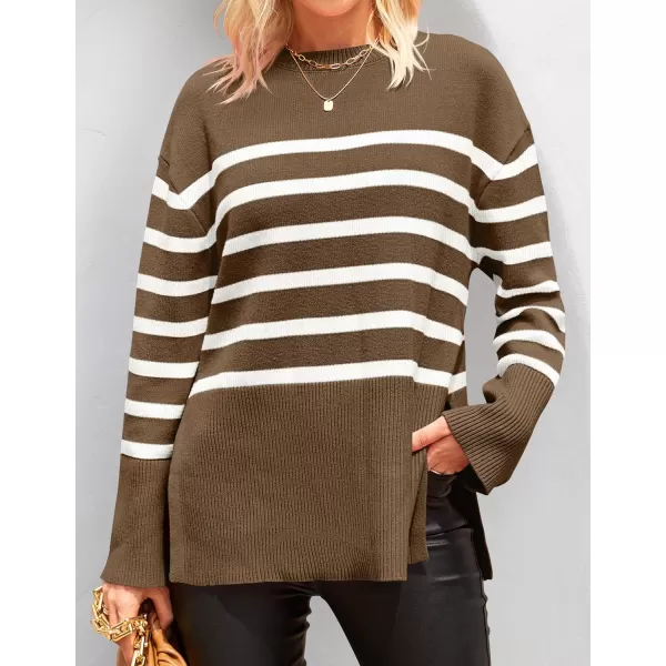 ZESICA Womens 2024 Fall Winter Striped Long Sleeve Crew Neck Ribbed Knit Side Slit Oversized Pullover Sweater Jumper TopBrown
