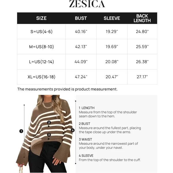ZESICA Womens 2024 Fall Winter Striped Long Sleeve Crew Neck Ribbed Knit Side Slit Oversized Pullover Sweater Jumper TopBrown